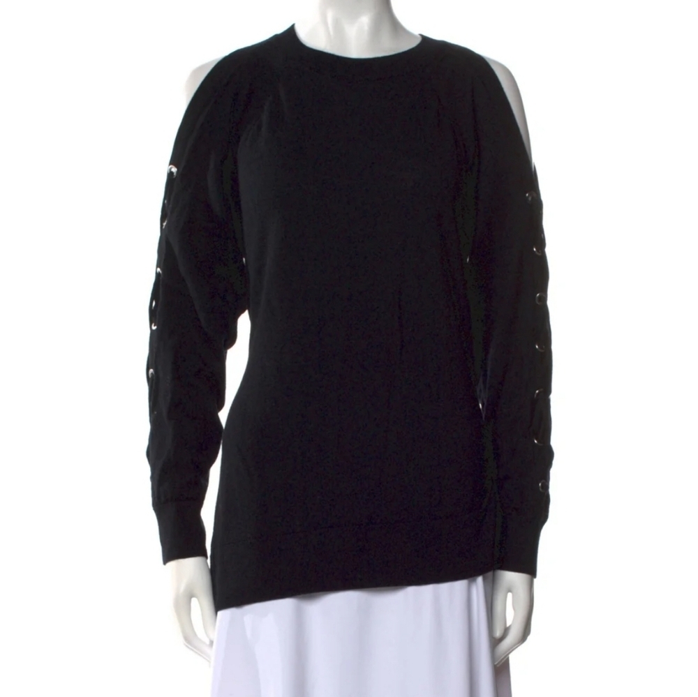 All Saints Black Marino Wool Cold Shoulder Asymmetric Hem Sweater